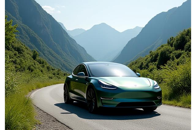 Une voiture électrique moderne garée dans un paysage naturel luxuriant, avec des montagnes en arrière-plan.
